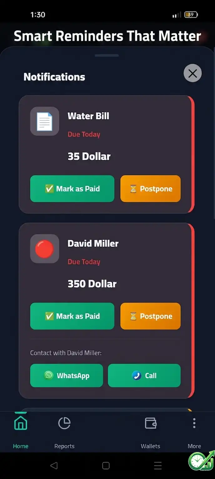 Bill reminder app with recurring payments and due date notifications