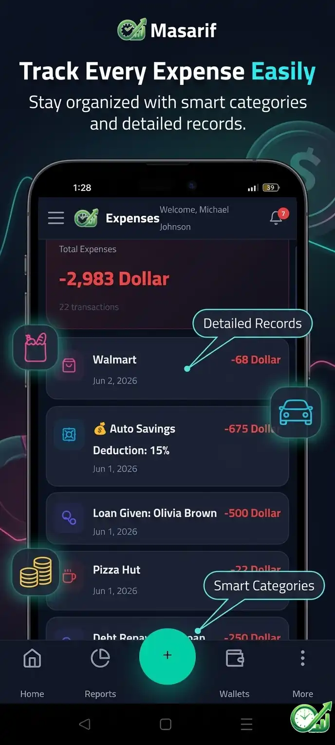 Daily expense tracker list with smart categories and transaction history in Masarif app