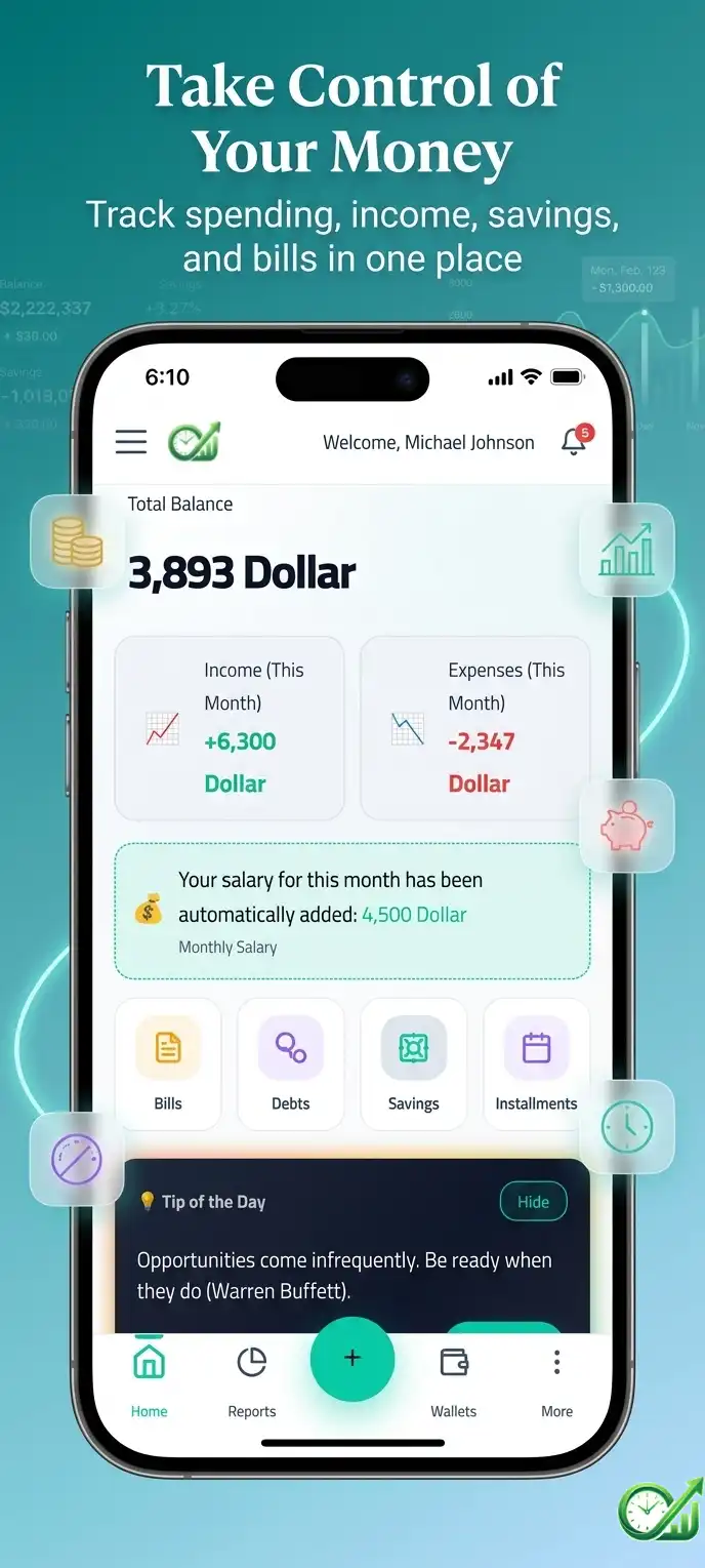 Masarif money manager home screen with total balance, income and expenses overview on Android