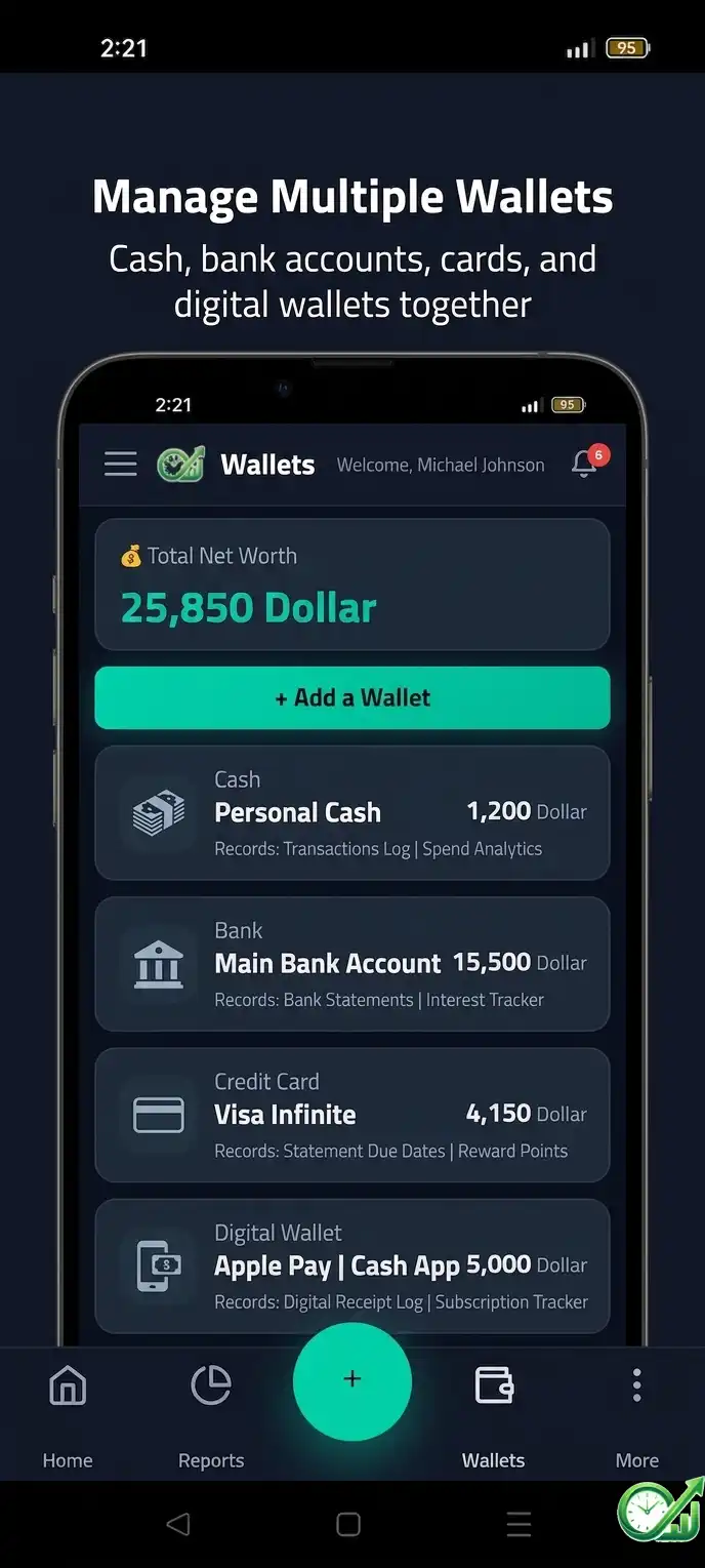 Money management app with multiple wallets and currency options