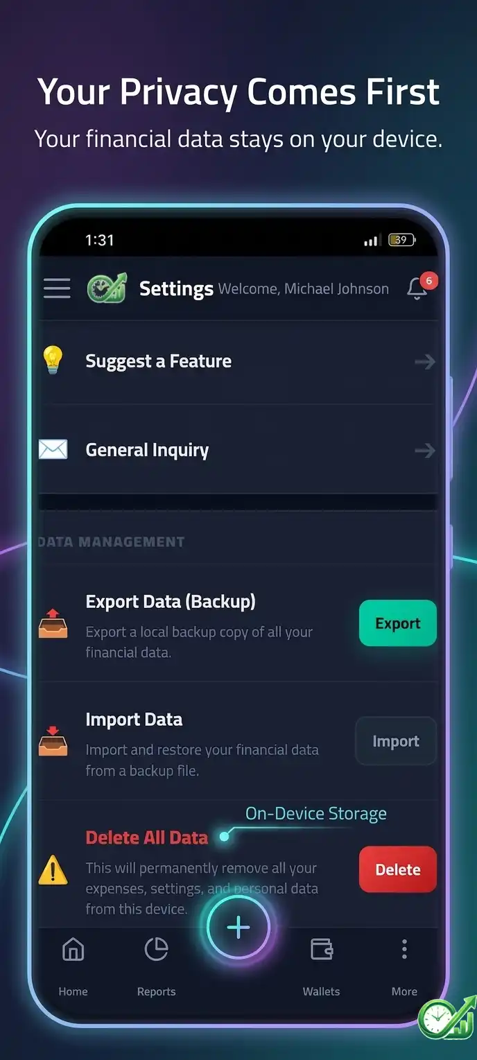 App settings with theme toggle, currency selector and language switcher