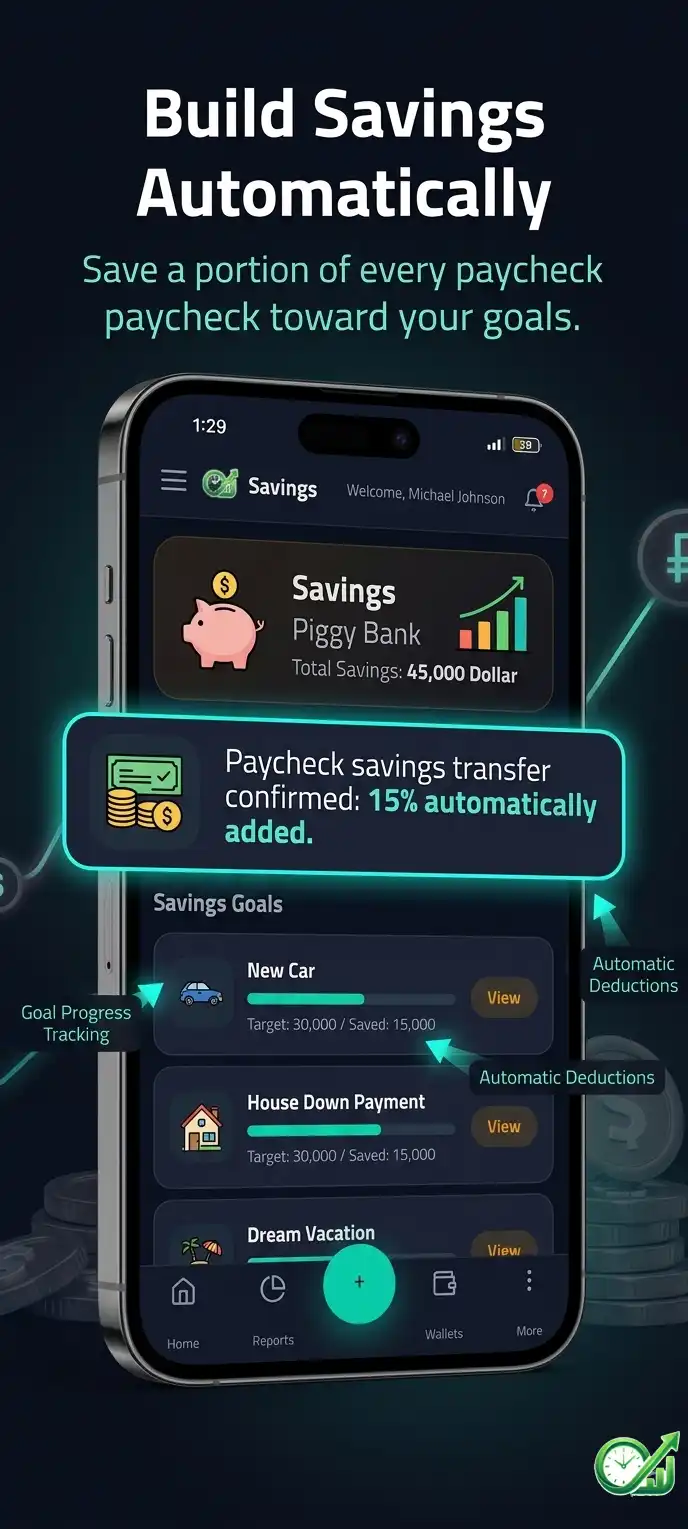 Savings goals tracker with progress bars and savings vault