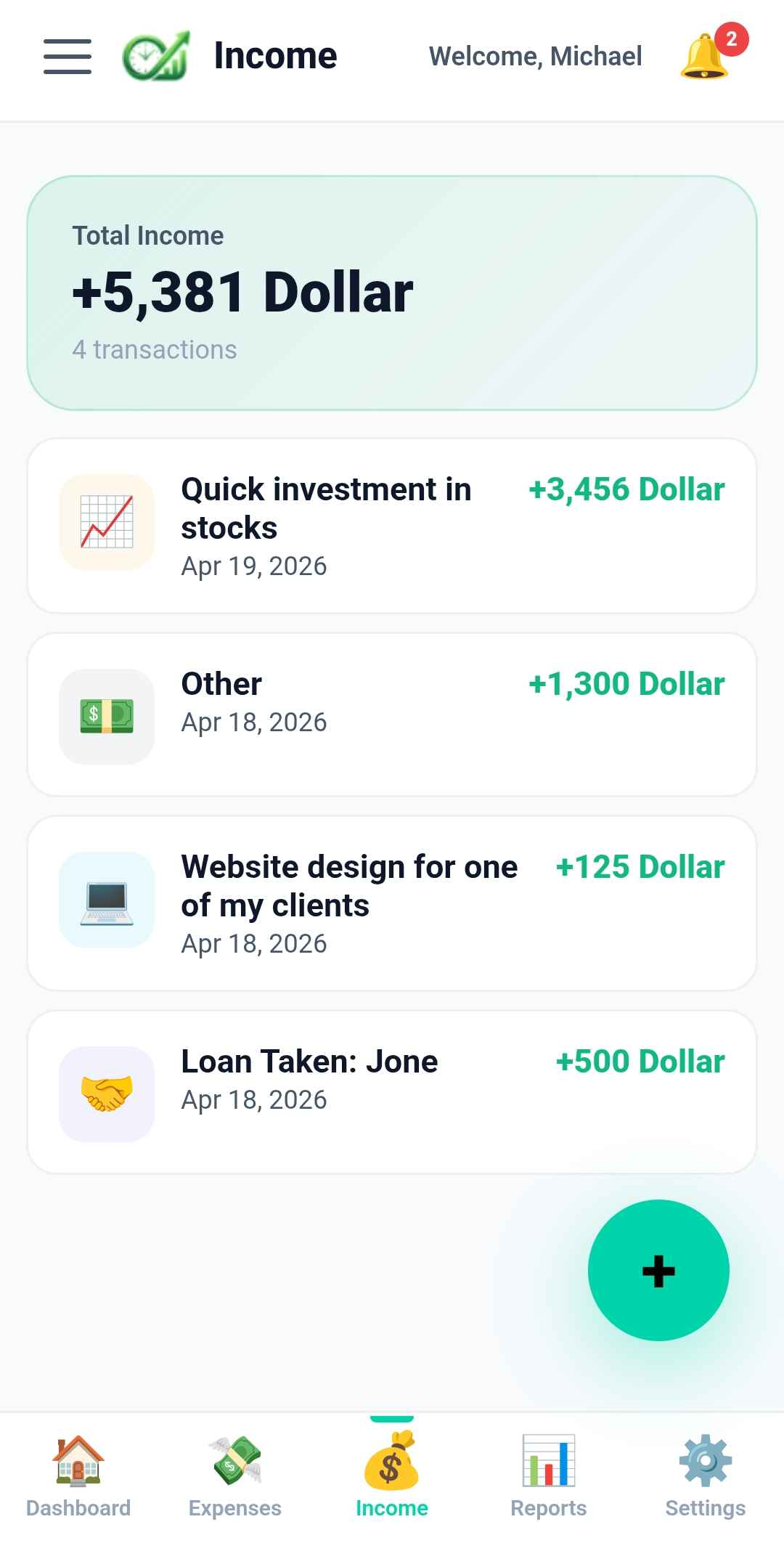 Personal finance income tracker with multiple income sources in Masarif